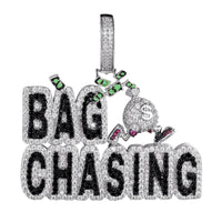 Two-Tone Silver Bag Chasing Dollar Bills Pendant