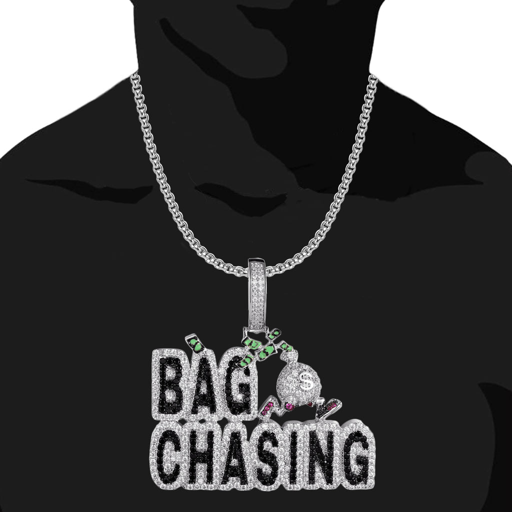 Two-Tone Silver Bag Chasing Dollar Bills Pendant