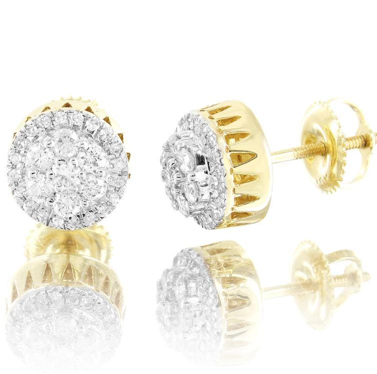 10K Gold Double Layered Cluster Round Diamonds Stud Earrings