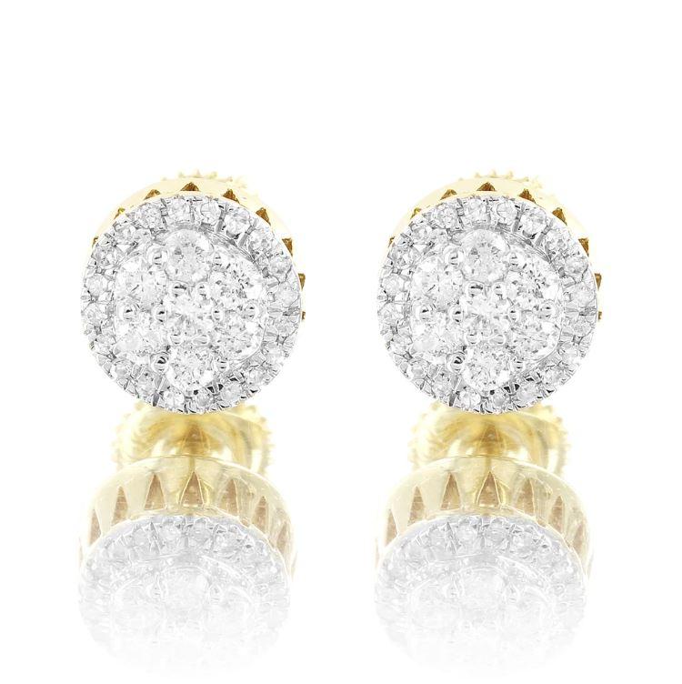 10K Gold Double Layered Cluster Round Diamonds Stud Earrings