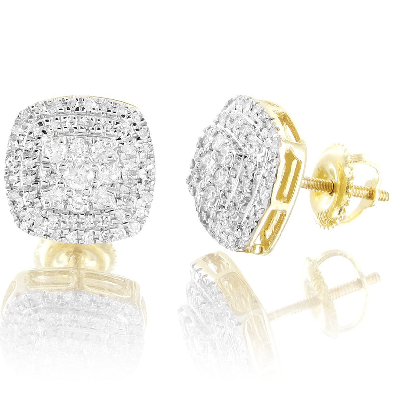 10K Gold Unisex Cluster Square Real Diamonds Earrings