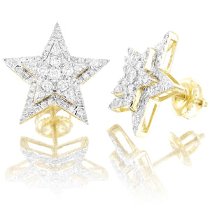 10K Gold Double Layer 3D Star Diamonds Screw Back Earrings