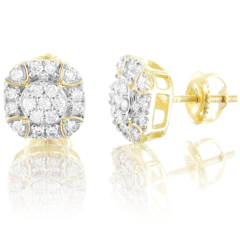 10K Gold Diamond Round Solitaire Flower Screw Back Earrings