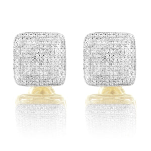 10K Gold Puffed Square Diamonds Earrings Micro Pave Screw Back