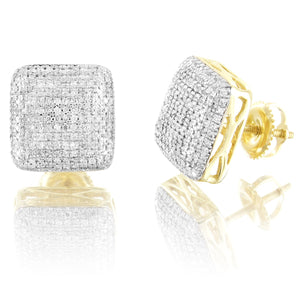 10K Gold Puffed Square Diamonds Earrings Micro Pave Screw Back