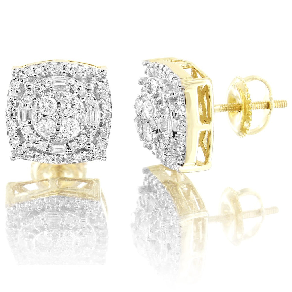 10K Gold Square Halo Prong Set Diamonds Screw Back Earrings