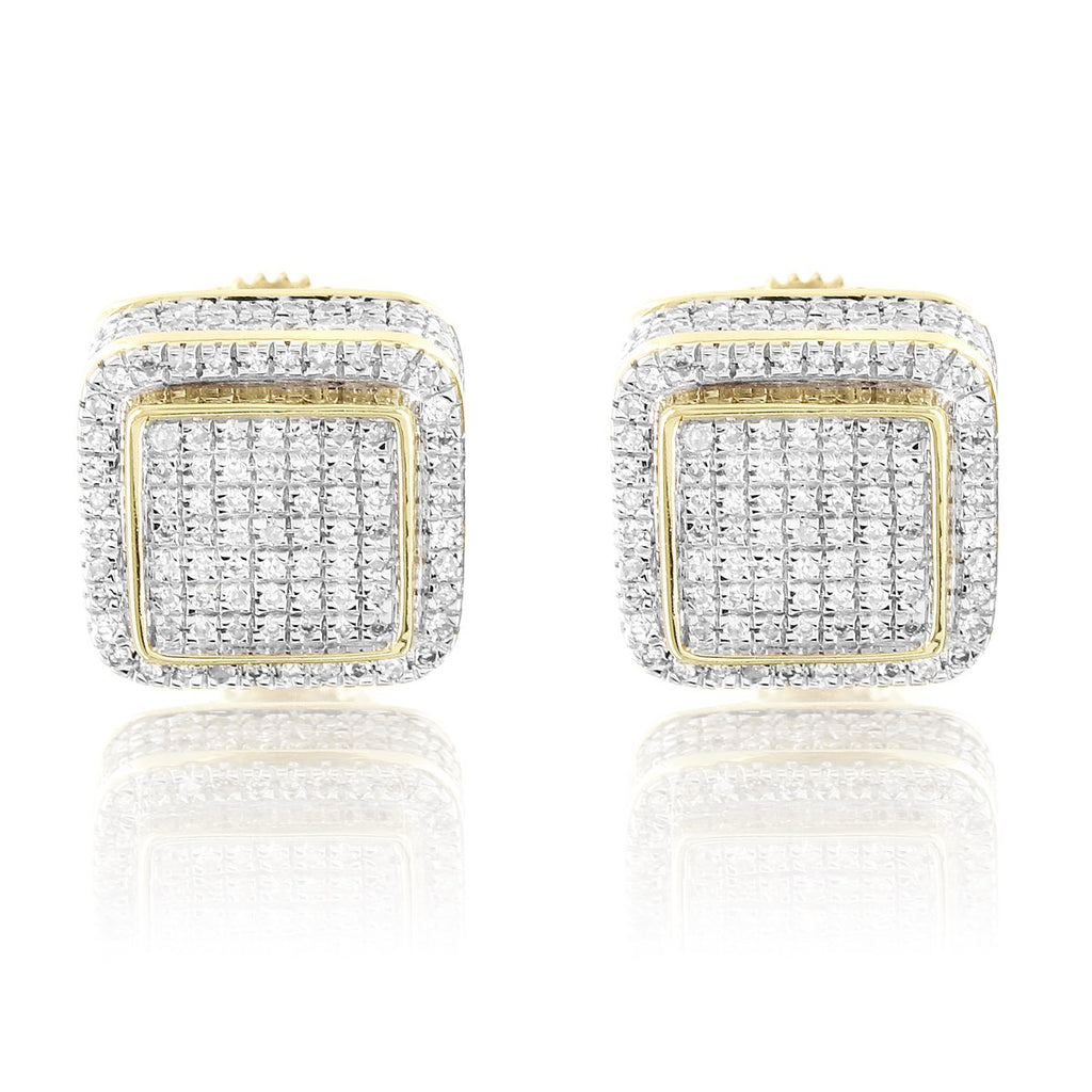 10K Gold Square Shape 3D Diamonds Screw Back Earrings