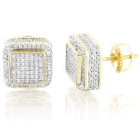 10K Gold Square Shape 3D Diamonds Screw Back Earrings