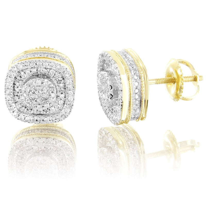 10K Gold Cluster Diamonds Micro Pave Set Screw Back Earrings