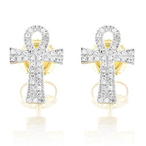 10K Gold Diamond Ankh Cross Earrings Micro Pave Studs