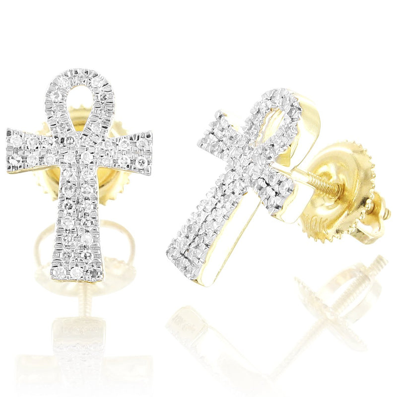 10K Gold Diamond Ankh Cross Earrings Micro Pave Studs