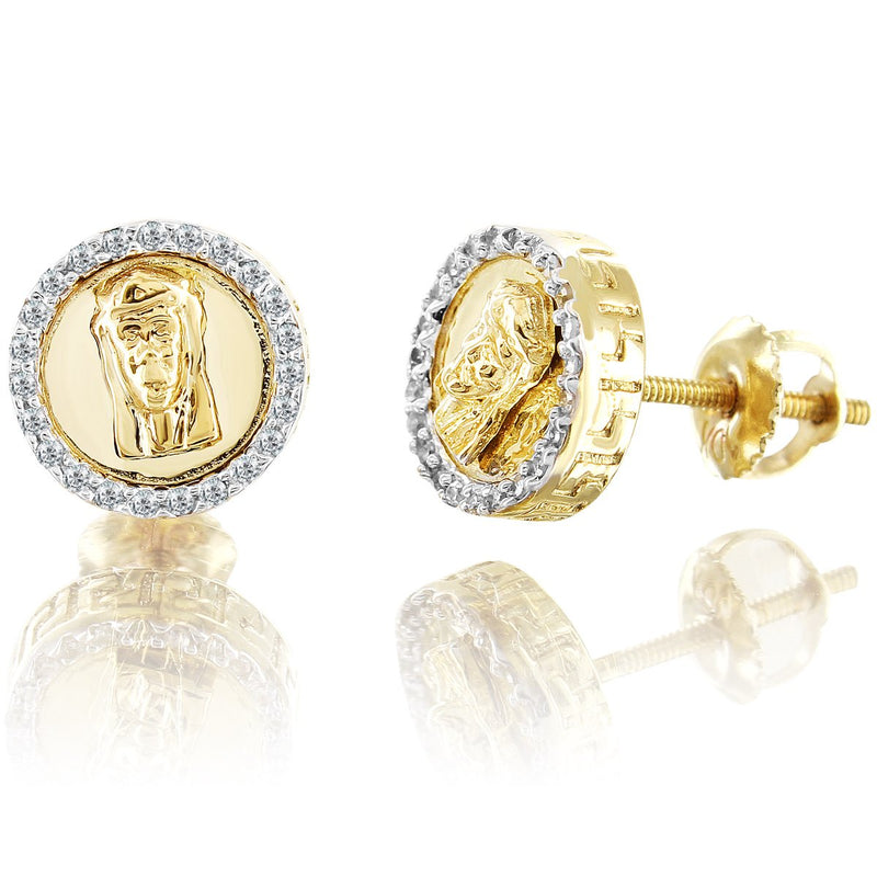 10K Yellow Gold Round Cut Jesus Face Diamond Earrings