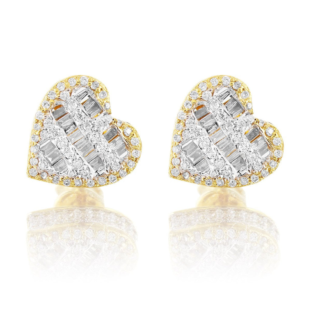 10K Yellow Gold Heart Baguette Diamond Earrings