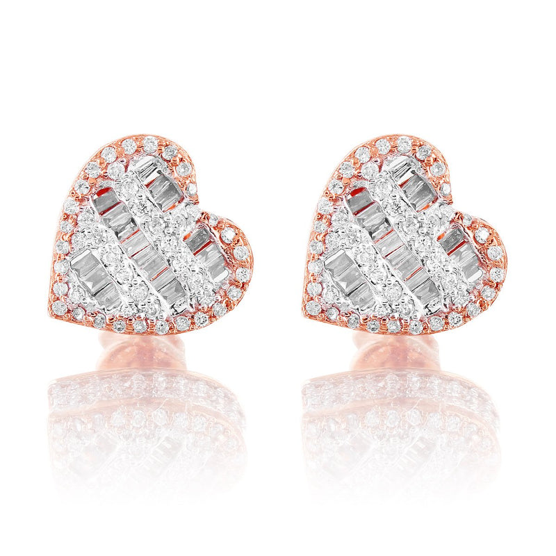 10K Rose Gold Heart Baguette Diamond Earrings