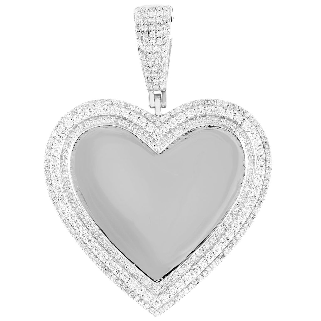 10K White Gold 3 Row Diamonds Heart Picture Pendant