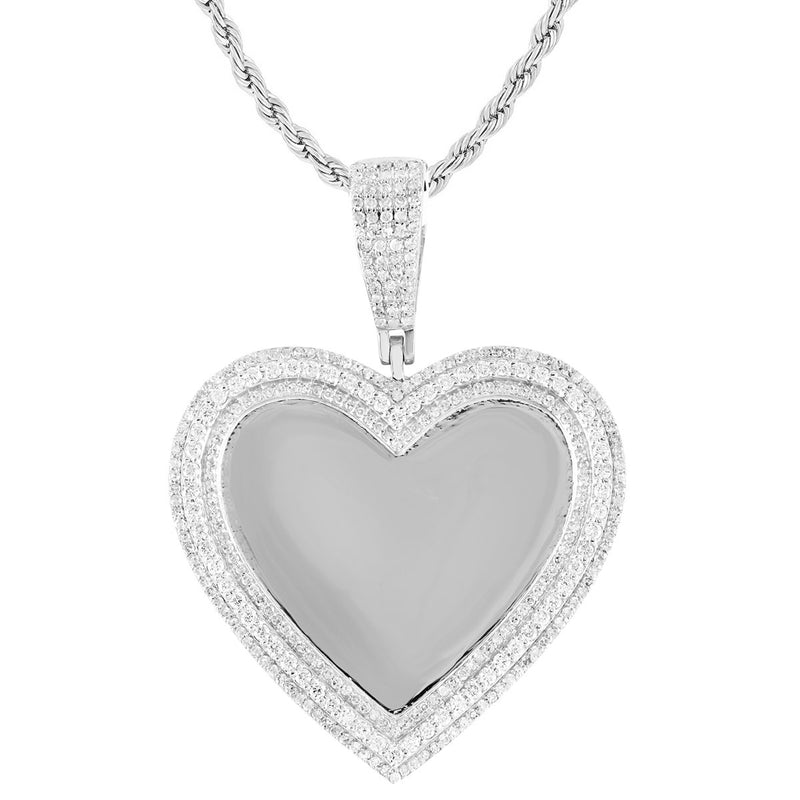 10K White Gold 3 Row Diamonds Heart Picture Pendant