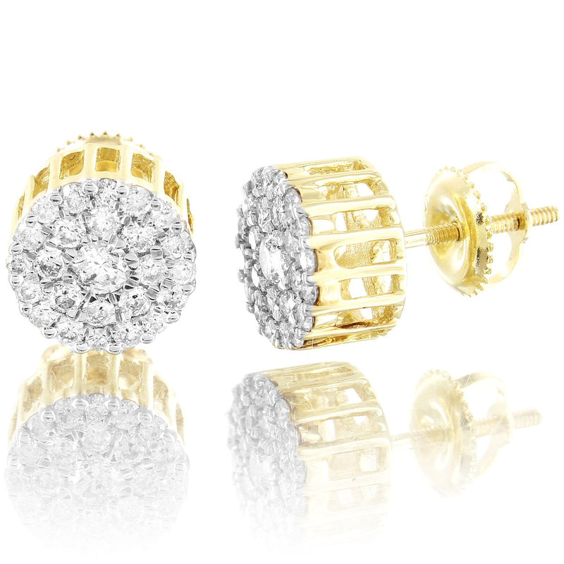 10K Gold Solitaire Cluster Micro Pave Diamonds Earrings