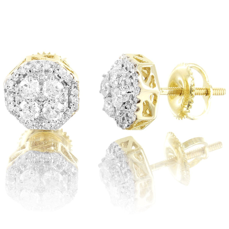 10K Gold Micro Pave Diamonds Octagon Shape Unisex Earrings