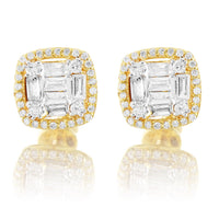 10K Yellow Gold Halo Square Baguette Diamond Earrings