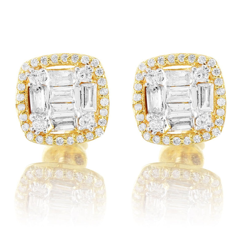 10K Yellow Gold Halo Square Baguette Diamond Earrings