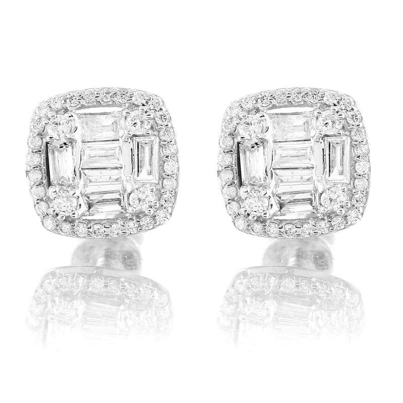 10K White Gold Halo Square Baguette Diamond Earrings