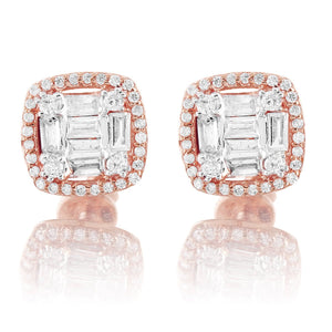 10K Rose Gold Halo Square Baguette Diamond Earrings