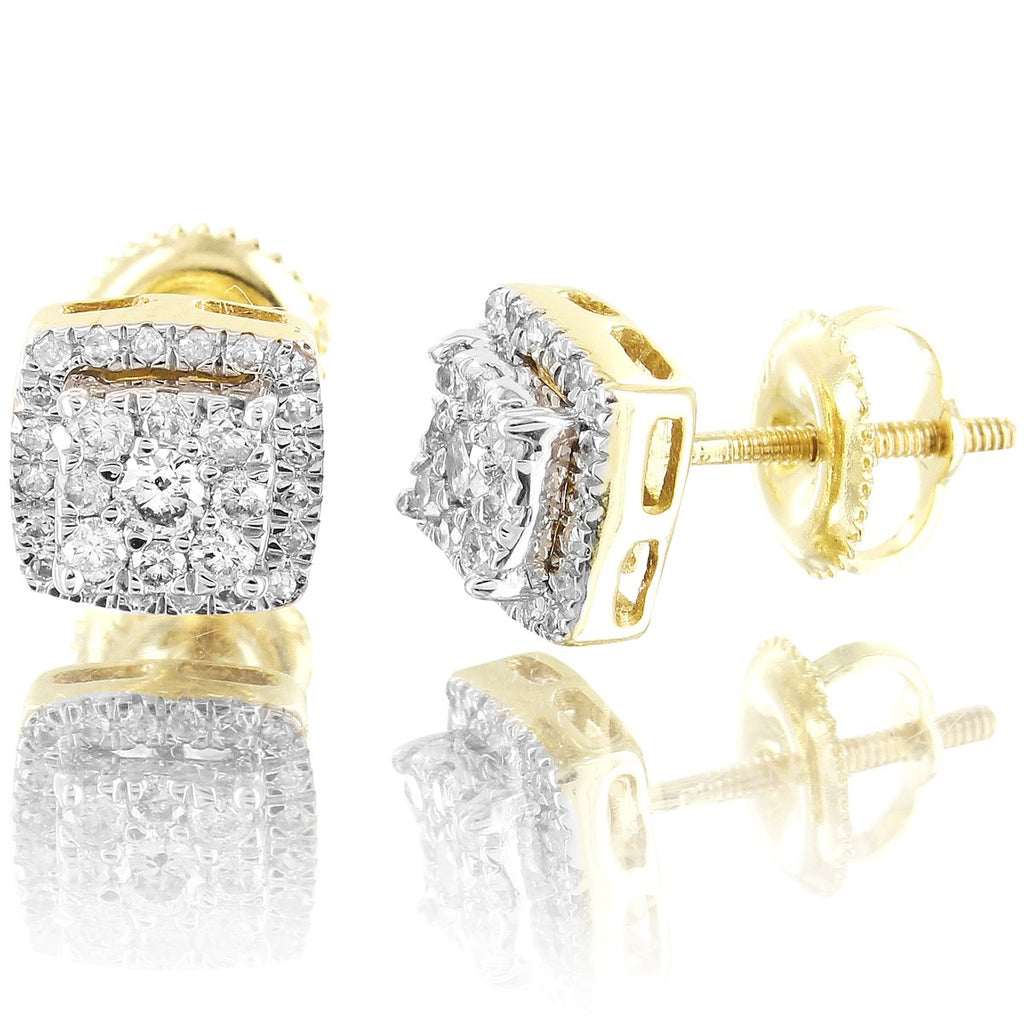 10K Gold Diamonds 3D Square Shape Prongs Unisex Stud Earrings