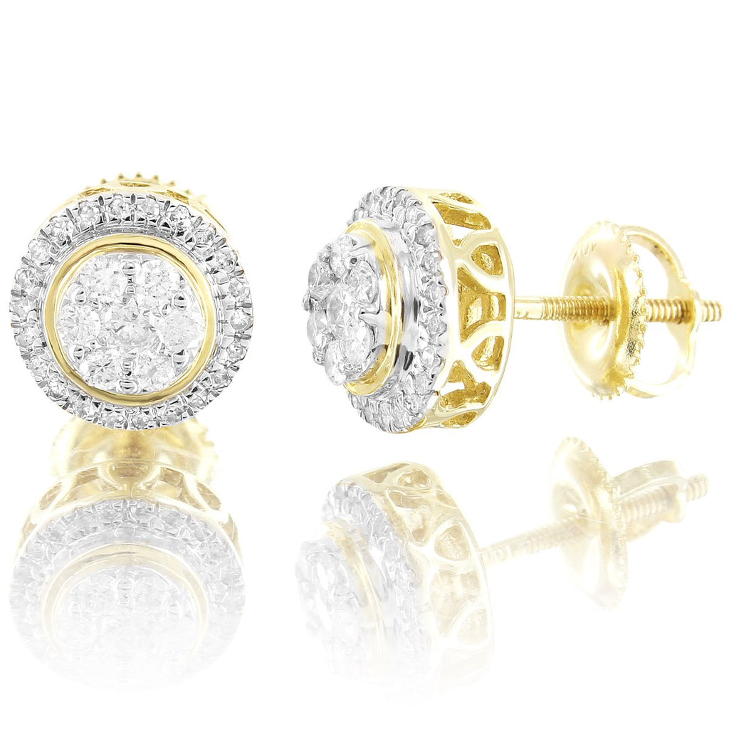 Round Halo Cluster Genuine Diamonds 10K Yellow Gold Earrings