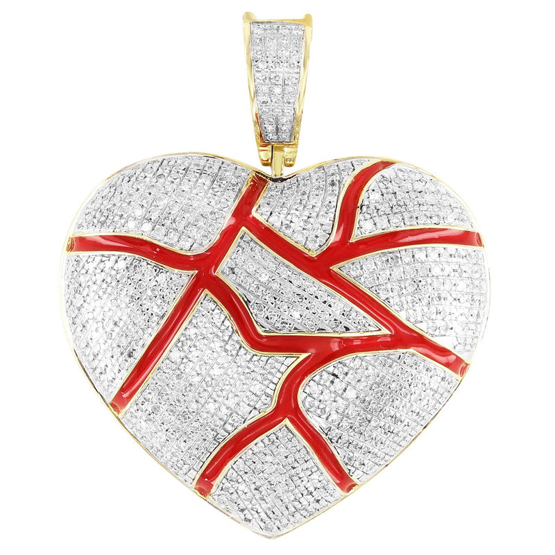 10K Gold Diamonds Cracked Enamel Bleeding Heart Pendant