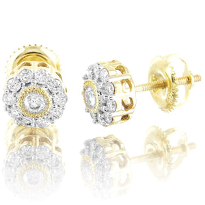 10K Gold Soliatire Center Flower Cluster Diamond Studs Earrings