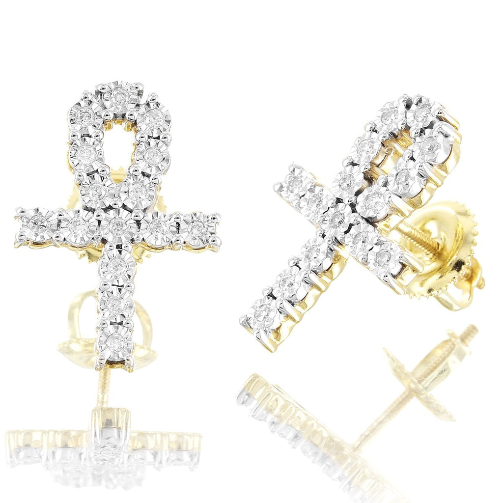 10K Gold Diamonds Religious Ankh Cross Solitaire Earrings