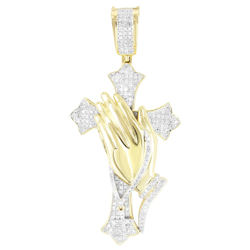 Praying Hands 10K Gold Diamonds Cross Religious Pendant