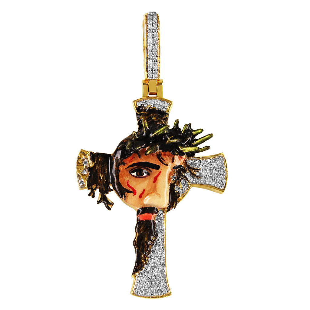 Gold Diamond Enamel Colored Jesus Face Cross Pendant