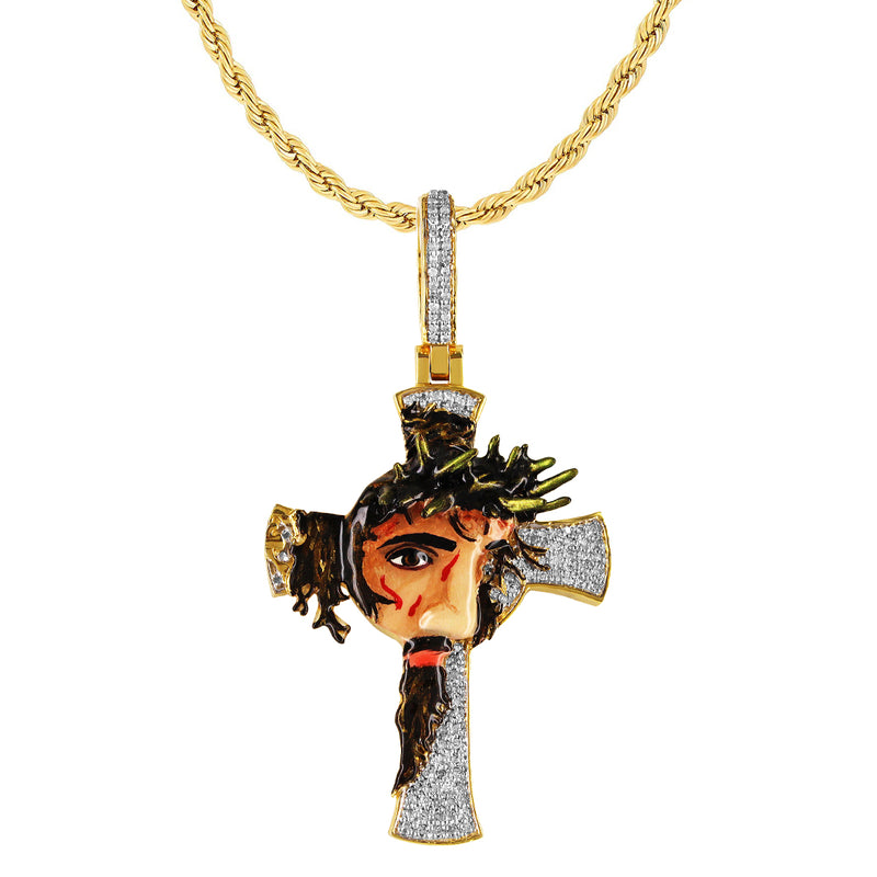 Gold Diamond Enamel Colored Jesus Face Cross Pendant